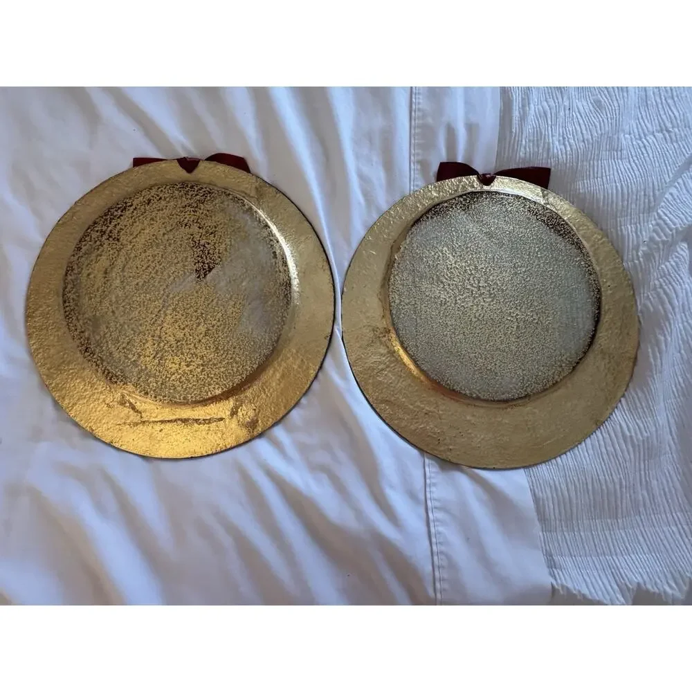 Lot of 2 Red Gold Plates Holiday Bow Christmas Home Decor Glass Frosted